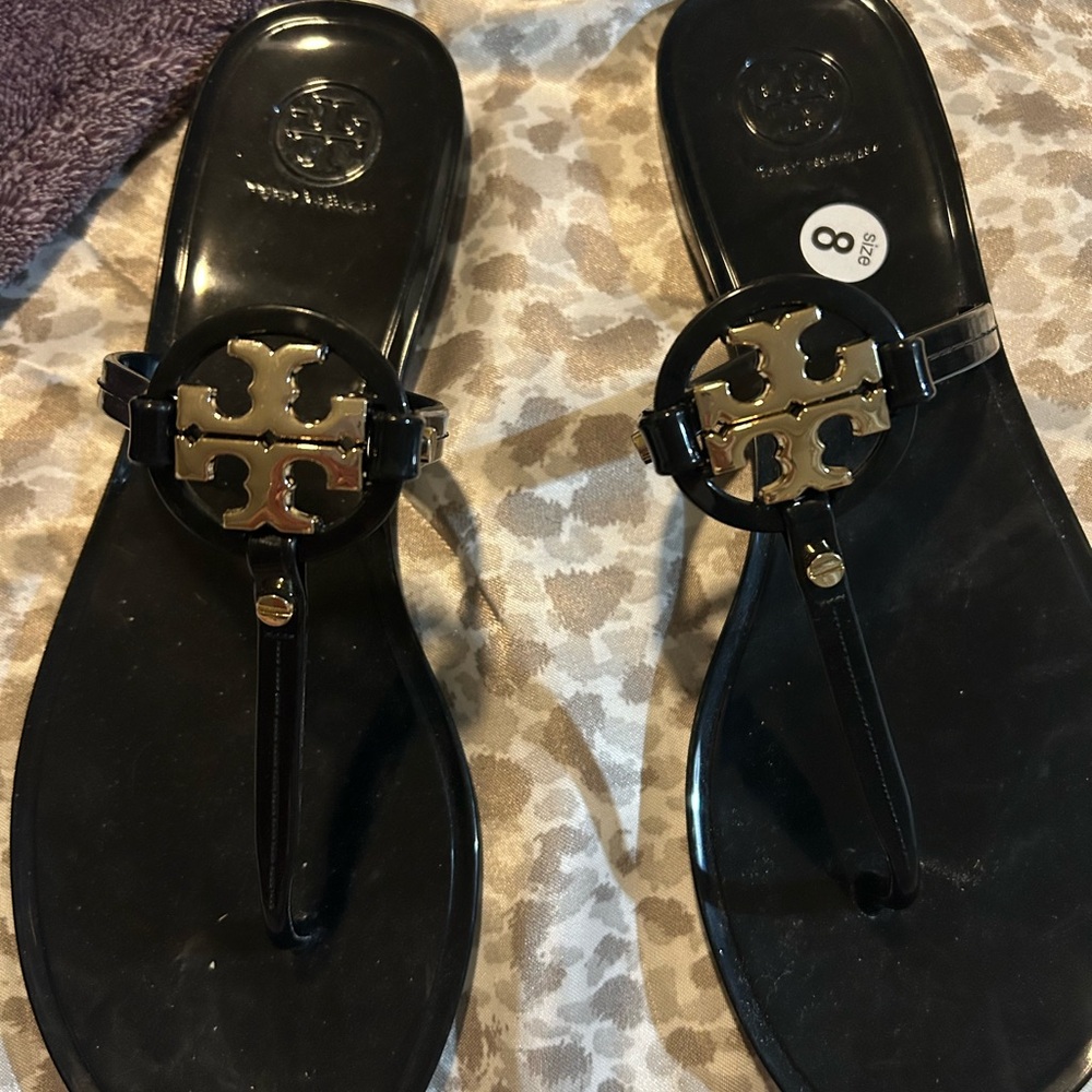 Tory Burch Black Sandals with Gold Medallion